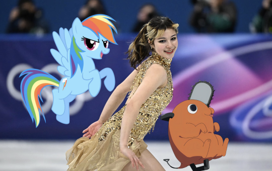 Alysa Liu accompanied by Pochita and Rainbow Dash.